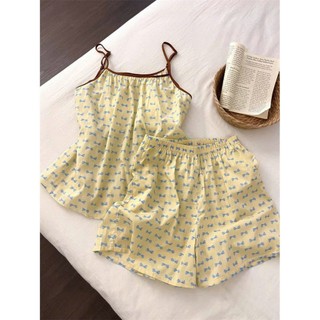 Set mặc nhà nữ mùa hè JOIE TRENDY, Bộ ngủ 2 dây quần đùi dáng suông giấu bụng họa tiết nơ xanh viền nâu xinh xắn