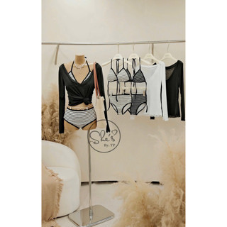 Set Bikini 3 Món: Bra Mút Kẻ + Quần + Áo Giấy Chuẩn She’s