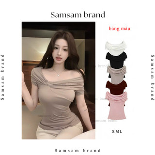 Áo thun lệch vai nữ tay ngắn thiết kế xếp li chéo cổ áo chất cotton SAMSAM BRAND A083