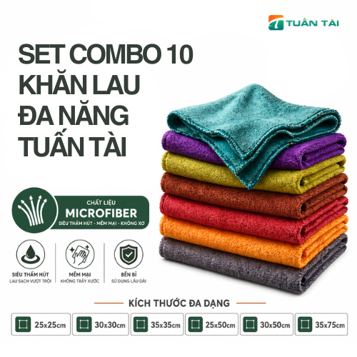 SET 10 CHIẾC KHĂN LAU ĐA NĂNG TUẤN TÀI – Sợi Microfiber Cao Cấp - Đa dạng kích thước, màu sắc