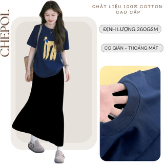 Set Bộ Áo Thun Nữ CHEPOL Form Rộng, Phối Chân Váy Dài, In Chú Chó, Chất Cotton(Áo Phông XanhThan+Chân Váy Suông)CP_11039