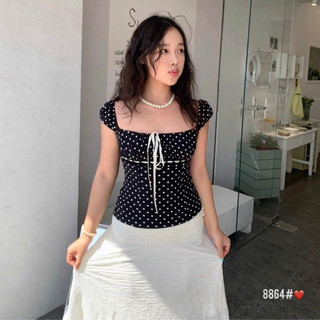 QCL1 8864 Áo chấm bi cổ vuông phối ren nơ ngực siêu xinh chuẩn WGWE xịn sò