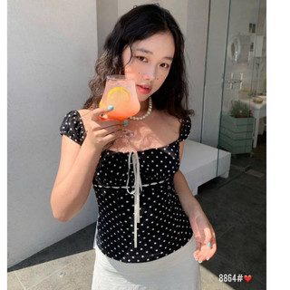 QCL1 8864 Áo chấm bi cổ vuông phối ren nơ ngực siêu xinh chuẩn WGWE xịn sò