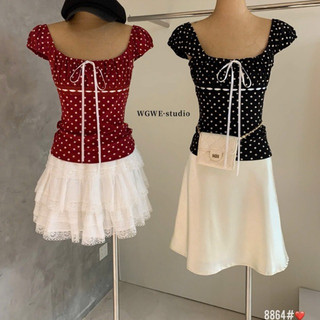 QCL1 8864 Áo chấm bi cổ vuông phối ren nơ ngực siêu xinh chuẩn WGWE xịn sò