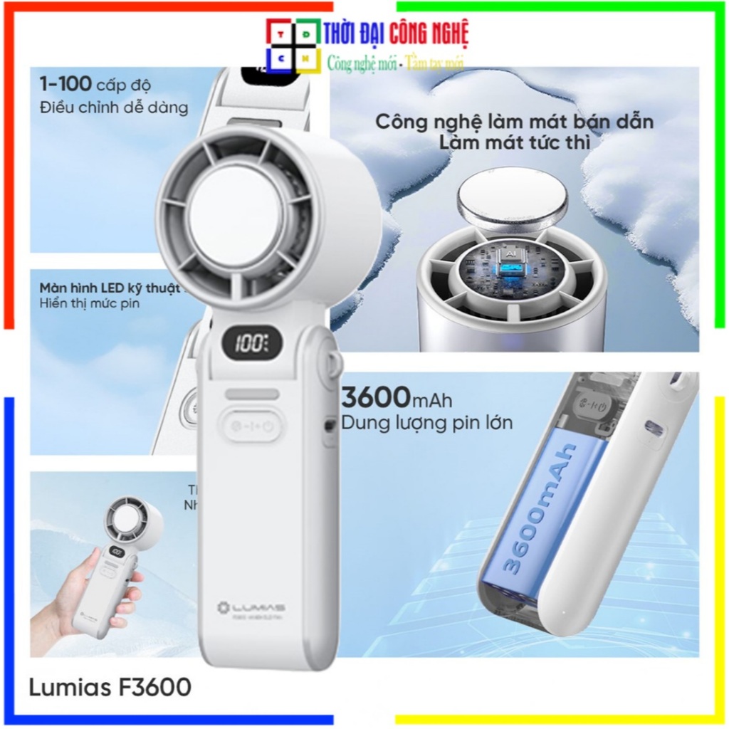 Quạt Tích Điện Cầm Tay Mini Lumias F3600 / F3600A - 100 Tốc Độ Gió Siêu Mạnh, Pin 3600mAh, Làm Mát Nhanh, Bảo Hành 6
