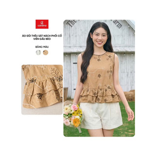 6AKS05 Áo kiểu nữ CARDINA chất liệu đũi thêu sát nách phối cổ viền gấu bèo