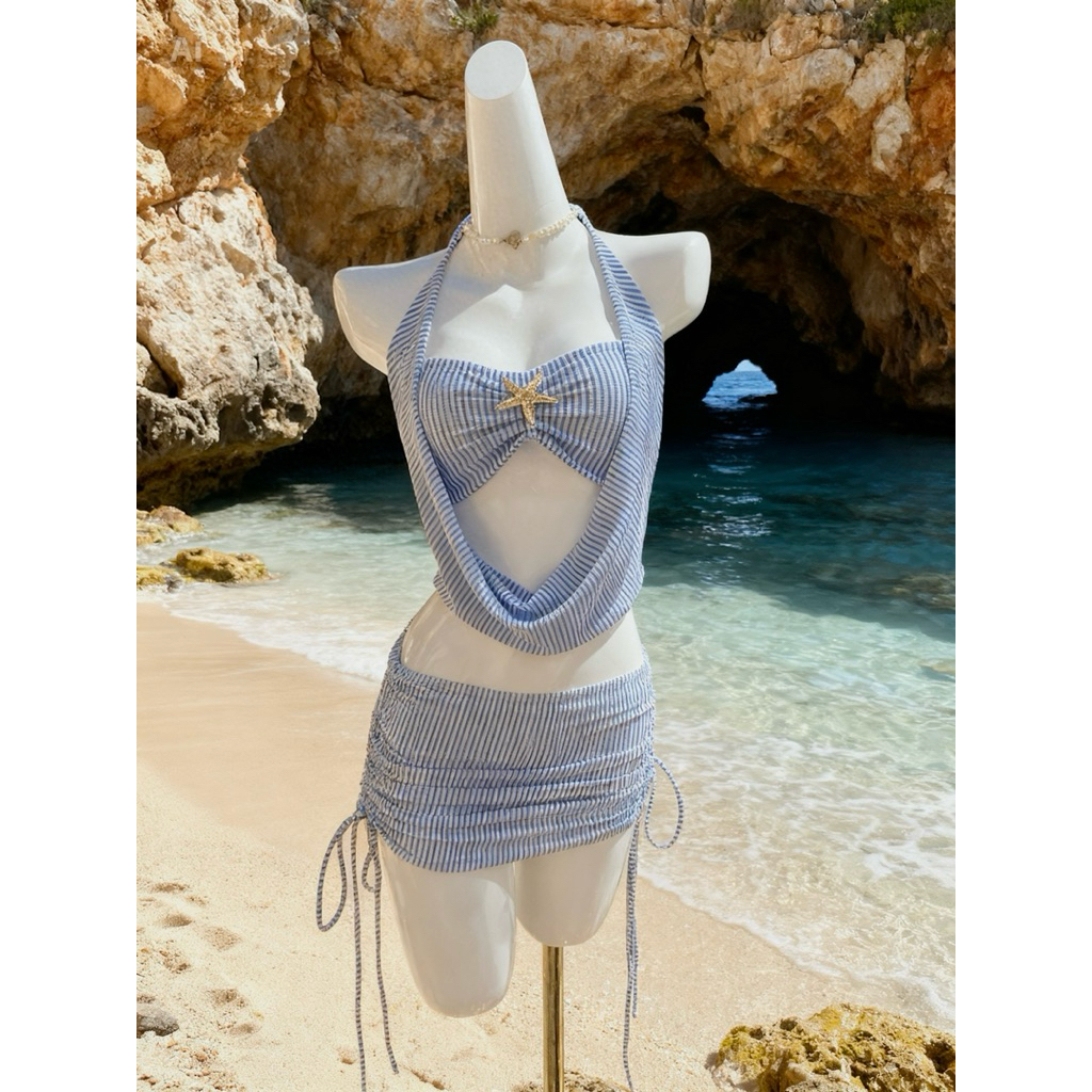 bikini tina set 4 món sao phối áo yếm + chân váy cực xinh ,thời trang du lịch
