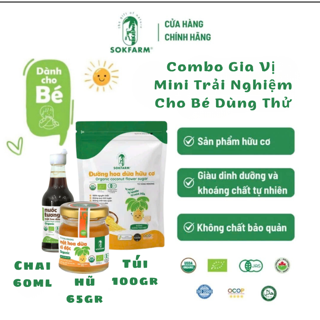 Combo Mini Gia Vị Trải Nghiệm Cho Bé, từ Mật Hoa Dừa Hữu Cơ Sokfarm. Sản phẩm hữu cơ của Việt Nam.