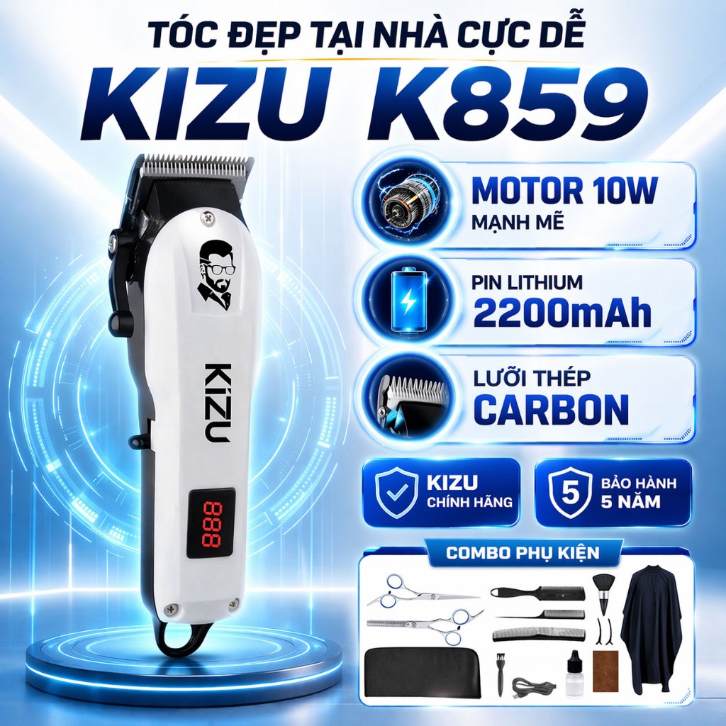 Tông Đơ Cắt Tóc Kizu K859 Chính Hãng, Tăng Đơ Cắt Tóc Nam Cao Cấp, Lưỡi Sắc, Màn Hình LED