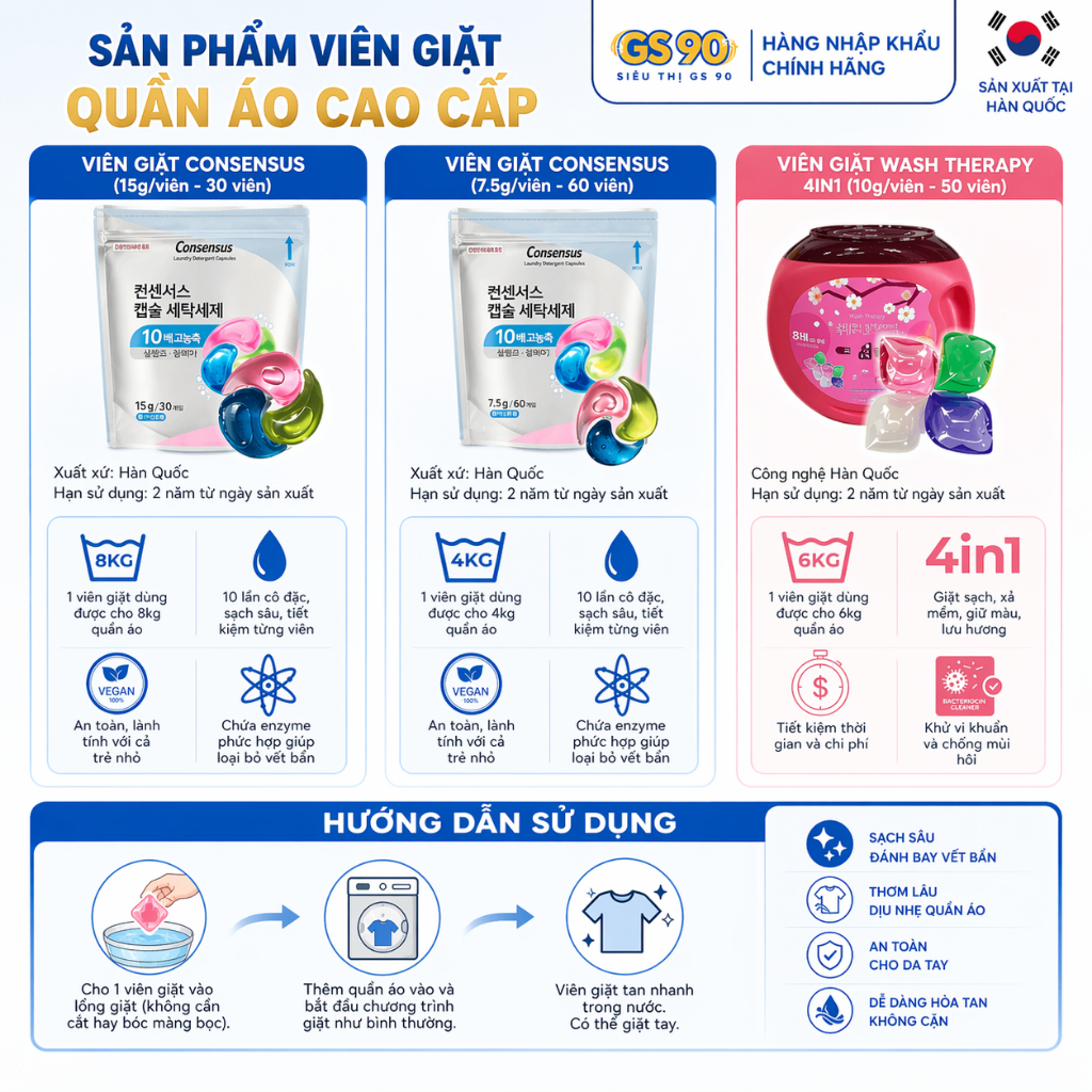 [DEAL ĐỘC QUYỀN] Combo Viên Giặt Hàn Quốc Wash Therapy 50 Viên + Consensus Thuần Chay 30/60 Viên Giặt Đồ Em Bé