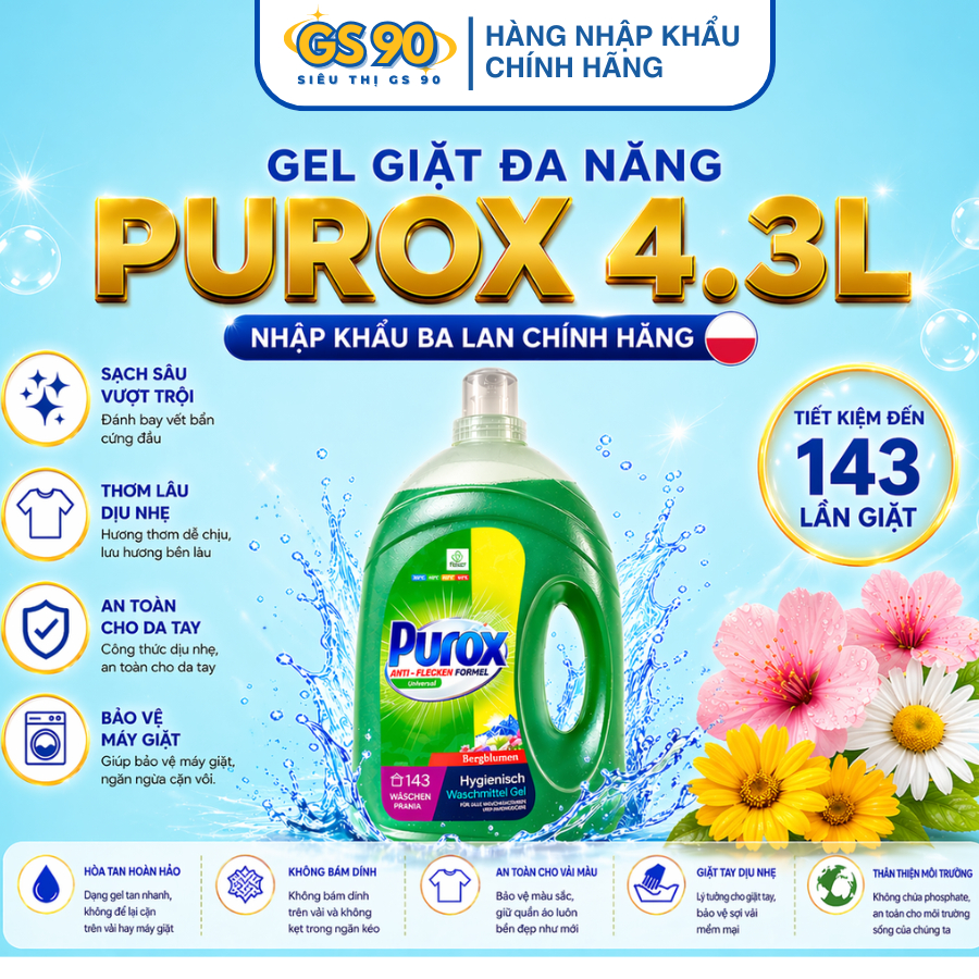 [MUA 1 TẶNG 1] Nước Giặt Gel Giặt Đa Năng PUROX 4.3L công thức đậm đặc đánh bay vết bẩn hiệu quả