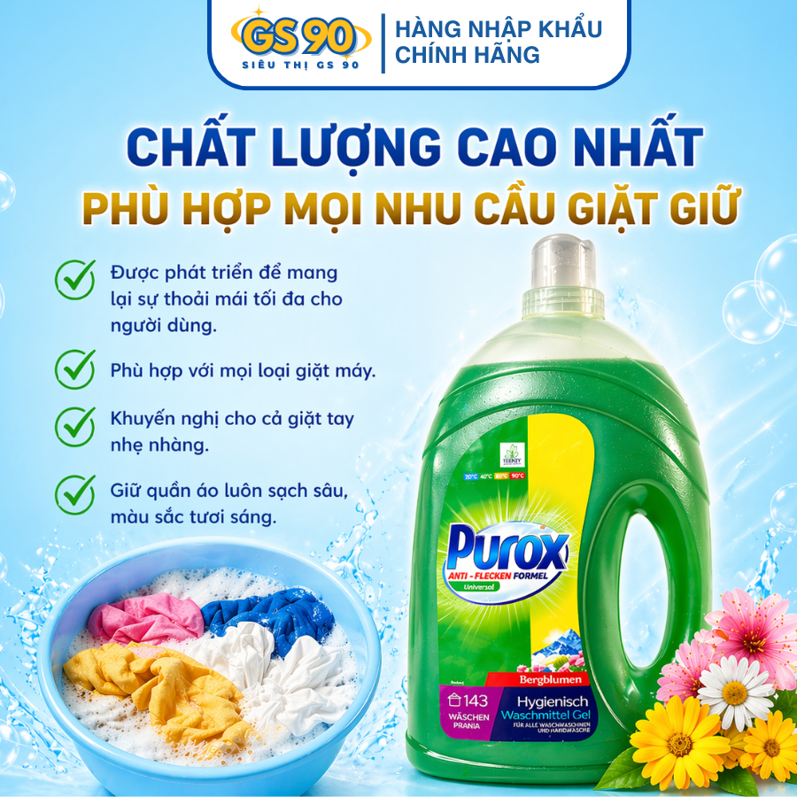 [MUA 1 TẶNG 1] Nước Giặt Gel Giặt Đa Năng PUROX 4.3L công thức đậm đặc đánh bay vết bẩn hiệu quả
