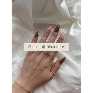 Nailbox móng tay giả thiết kế chấm bi hot trend tông nâu cacao phối hồng phù hợp đi chơi du lịch biển (A07)