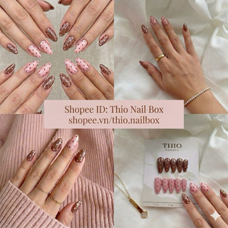 Nailbox móng tay giả thiết kế chấm bi hot trend tông nâu cacao phối hồng phù hợp đi chơi du lịch biển (A07)