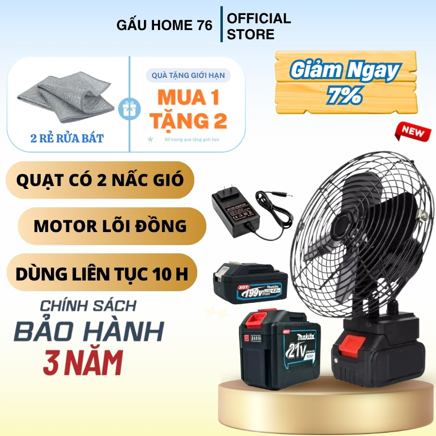 Quạt Tích Điện Lồng Sắt Pin Makita, Đế Pin 21V - 2 Mức Gió, Sử Dụng 4-8 -12 Tiếng Hot Nhất 2026