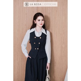 Set Đồ Công Sở Cao Cấp La Rosa Áo Gile Kẻ Sọc Phối Sơ Mi Trắng Mix Quần Tây Ống Suông Tôn Dáng S1081