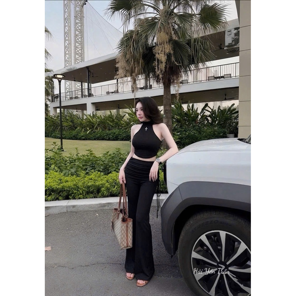 Set áo yếm mix quần cạp nhún hông ống loe