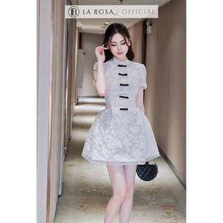 Đầm Ren Dáng Xòe Cao Cấp La Rosa Đầm Ngắn Tay Cổ Tàu Đính Nơ Nhung Đen Nổi Bật V1468
