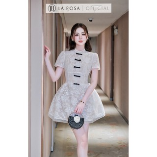 Đầm Ren Dáng Xòe Cao Cấp La Rosa Đầm Ngắn Tay Cổ Tàu Đính Nơ Nhung Đen Nổi Bật V1468