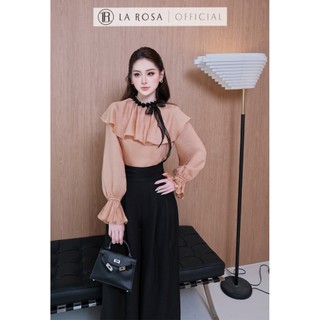 Set Đồ Nữ Cao Cấp La Rosa Áo Tơ Bèo Nhún Phối Cổ Ren Nơ Mix Quần Ống Rộng Cạp Cao Sang Chảnh S1085