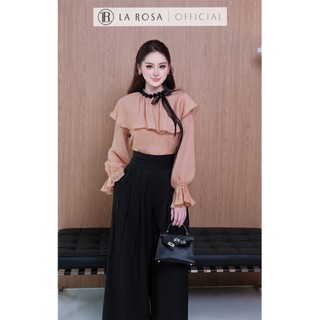 Set Đồ Nữ Cao Cấp La Rosa Áo Tơ Bèo Nhún Phối Cổ Ren Nơ Mix Quần Ống Rộng Cạp Cao Sang Chảnh S1085