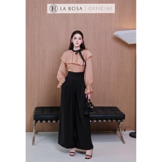 Set Đồ Nữ Cao Cấp La Rosa Áo Tơ Bèo Nhún Phối Cổ Ren Nơ Mix Quần Ống Rộng Cạp Cao Sang Chảnh S1085