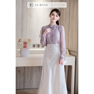 Set Váy Công Sở Thanh Lịch La Rosa Áo Sơ Mi Tơ Phối Cổ Đính Hoa Mix Chân Váy Lụa Tôn Dáng S1086