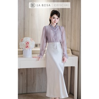 Set Váy Công Sở Thanh Lịch La Rosa Áo Sơ Mi Tơ Phối Cổ Đính Hoa Mix Chân Váy Lụa Tôn Dáng S1086