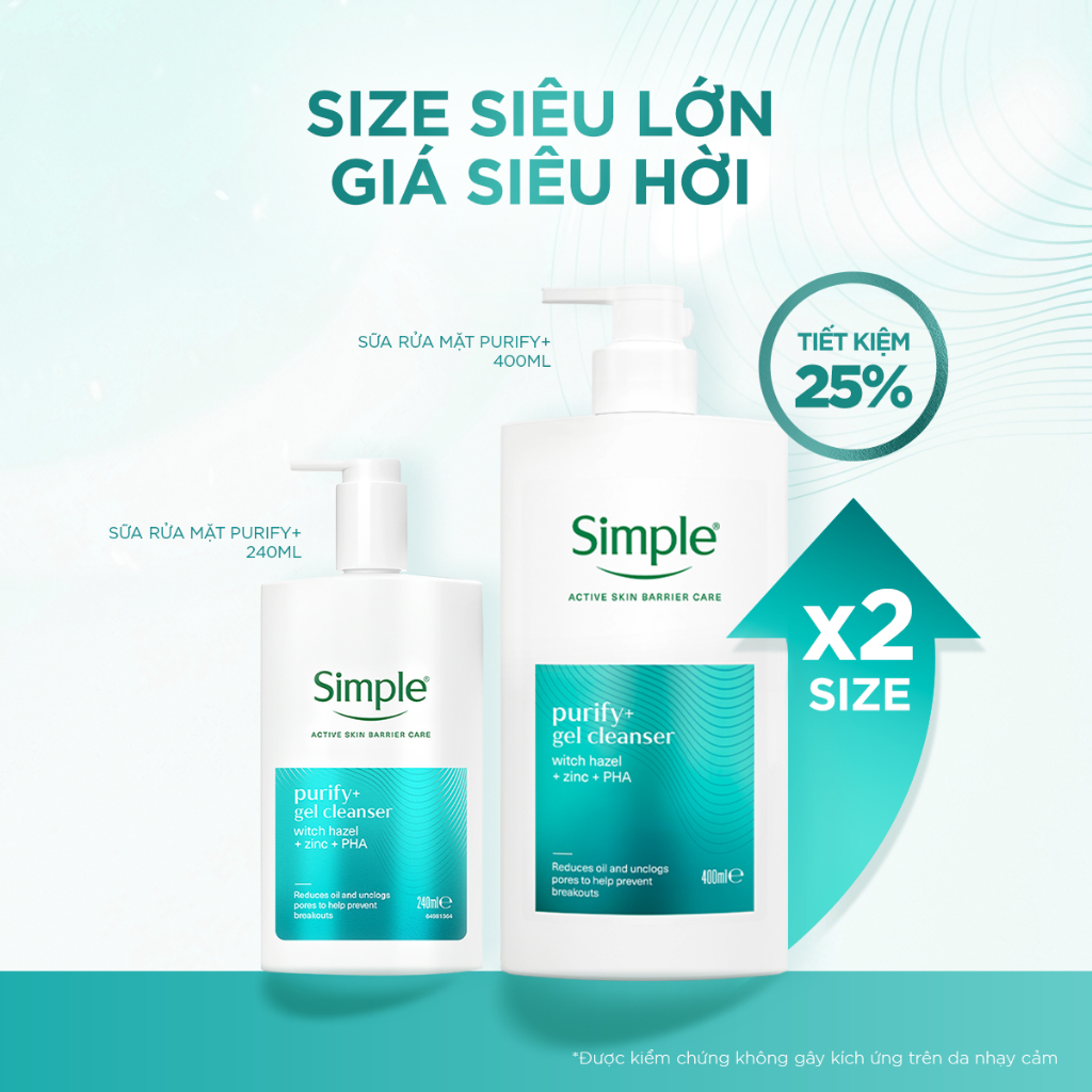 [MỚI] Bộ 3 Simple - Nước Tẩy Trang 200ml, Sữa Rửa Mặt 400ml, Serum 10ml Purify+ Giảm Mụn Sau 7 Ngày