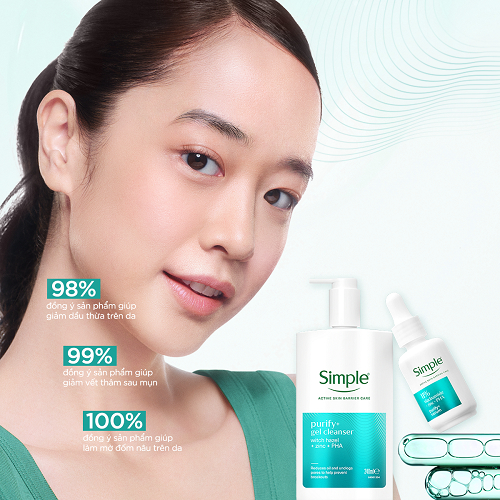 [MỚI] Bộ 3 Simple - Nước Tẩy Trang 200ml, Sữa Rửa Mặt 400ml, Serum 10ml Purify+ Giảm Mụn Sau 7 Ngày