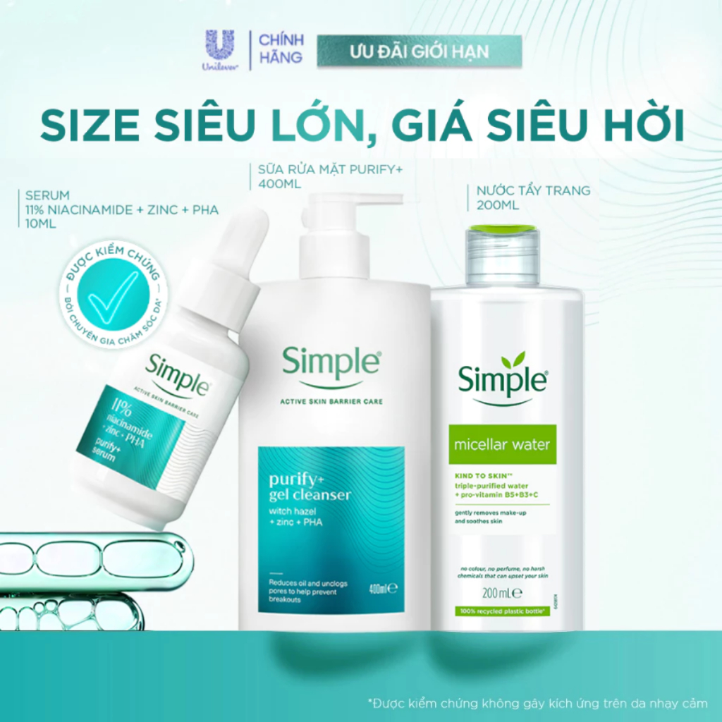 [MỚI] Bộ 3 Simple - Nước Tẩy Trang 200ml, Sữa Rửa Mặt 400ml, Serum 10ml Purify+ Giảm Mụn Sau 7 Ngày