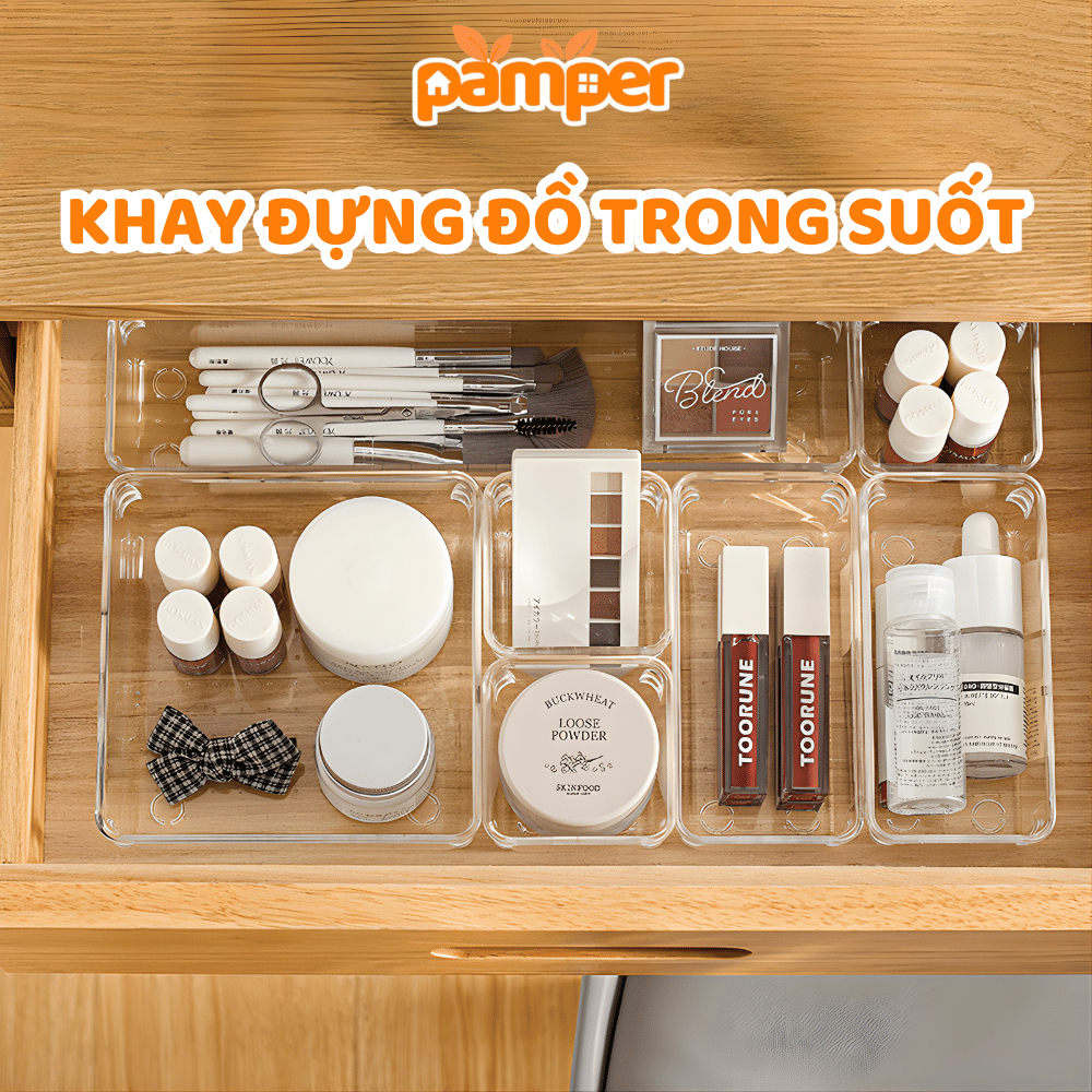 Khay Đựng Đồ Trong Suốt Nhiều Cỡ Chia Ngăn Kéo Tủ PAMPER, Khay Đựng Đồ Văn Phòng, Phụ Kiện Ngăn Nắp