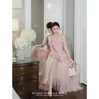 Đầm Dự Tiệc Trễ Vai Thanh Lịch LA ROSA Đầm Dáng Xòe Phối Voan Lưới Đính Đá Sang Chảnh T478