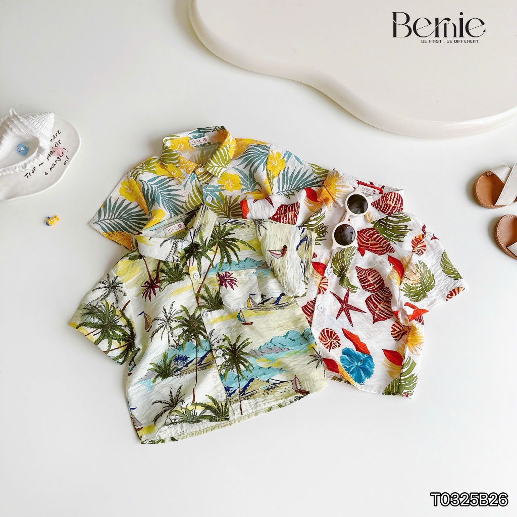 Bộ sơ mi đũi hoạ tiết in tràn đi biển cho bé trai, set sơ mi đũi sắc màu mềm mát cho bé
