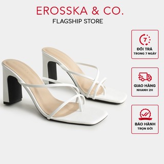 Erosska - Dép cao gót thời trang mũi vuông phối dây quai mảnh cao 8cm màu trắng - EM101