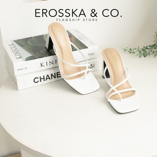 Erosska - Dép cao gót thời trang mũi vuông phối dây quai mảnh cao 8cm màu trắng - EM101