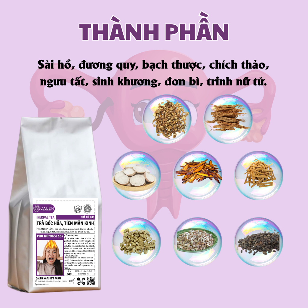 Trà túi lọc BỐC HỎA - TIỀN MÃN KIlNH Calen cho phụ nữ tiền mãn kilnh sớm, bổ khí huyết, ngừa lão hóa sớm