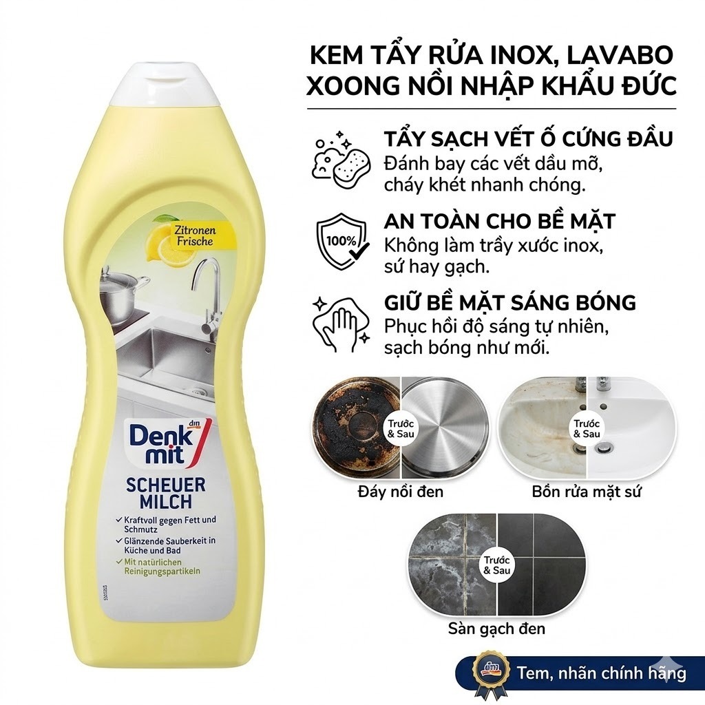 [DATE MỚI NHẤT] Tẩy rửa xoong nồi bồn rửa Denkmit 750ml tẩy inox sáng bóng - Hàng nội địa Đức
