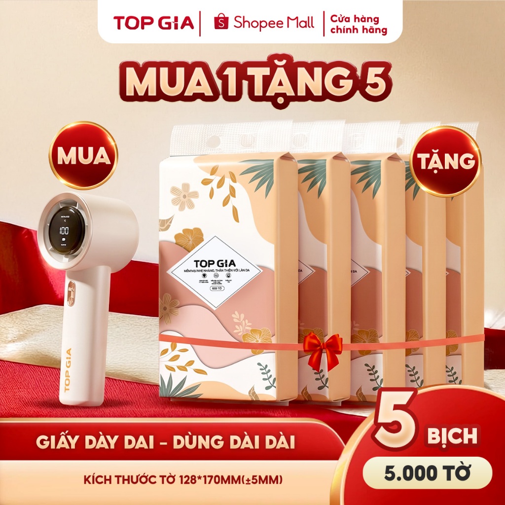 (MUA 1 NHẬN 6) Mua quạt cầm tay mini Topgia tặng 5 bịch khăn giấy rút tiểu hạ 1000 tờ 4 lớp dày dặn