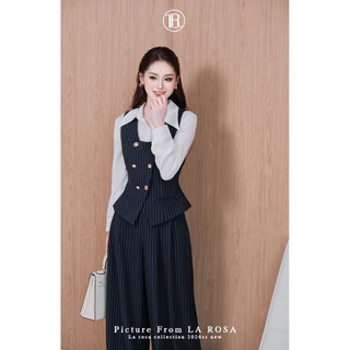 Set Đồ Công Sở Sang Chảnh LA ROSA Áo Sơ Mi Trắng Phối Gile Vest Kẻ Sọc và Quần Ống Suông Rộng A1084 + S1081