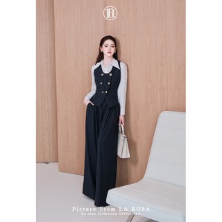 Set Đồ Công Sở Sang Chảnh LA ROSA Áo Sơ Mi Trắng Phối Gile Vest Kẻ Sọc và Quần Ống Suông Rộng A1084 + S1081