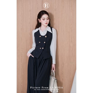 Set Đồ Công Sở Sang Chảnh LA ROSA Áo Sơ Mi Trắng Phối Gile Vest Kẻ Sọc và Quần Ống Suông Rộng A1084 + S1081