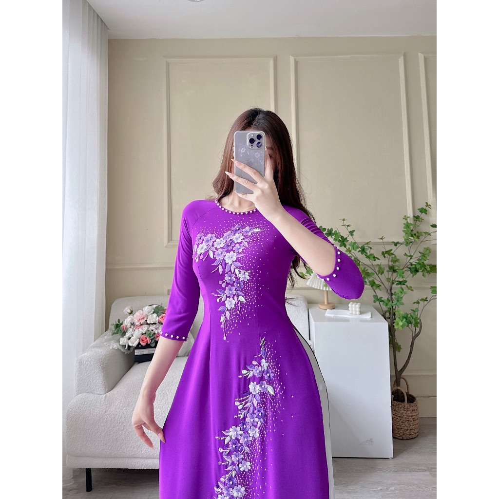 Áo Dài Lụa Mỹ Cao Cấp Họa Tiết Thêu + Đính Kết Đá Thủ Công Tỉ Mỉ - Mã C35