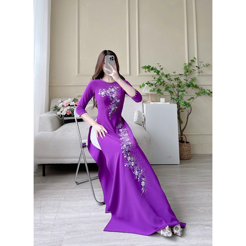 Áo Dài Lụa Mỹ Cao Cấp Họa Tiết Thêu + Đính Kết Đá Thủ Công Tỉ Mỉ - Mã C35