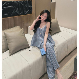 Set Bộ Đồ Nữ Ngủ Mặc Nhà Áo 2 Dây Kẻ Caro Xanh Dương Cúc Khuy Dọc Phối Viền Ren Mix Quần Dài Ống Rộng