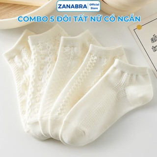 [ Xả Hàng ] Combo 5 Tất Nữ Cotton Ngang Mắt Cá Tông Màu Trắng, Vớ Nữ Đan Họa Tiết Nổi Xinh ZANABRA T632