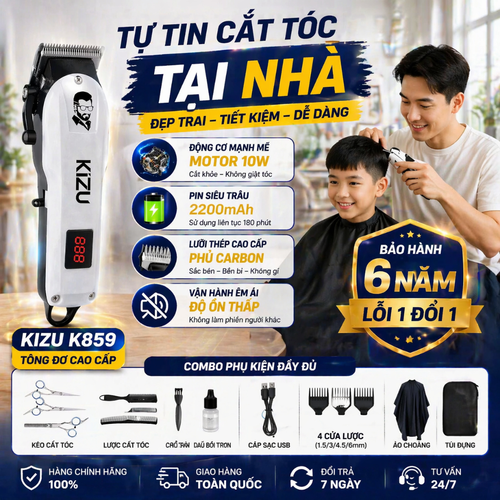 Tông Đơ Cắt Tóc Kizu K859 Chính Hãng, Tăng Đơ Cắt Tóc Nam Cao Cấp, Lưỡi Sắc, Màn Hình LED