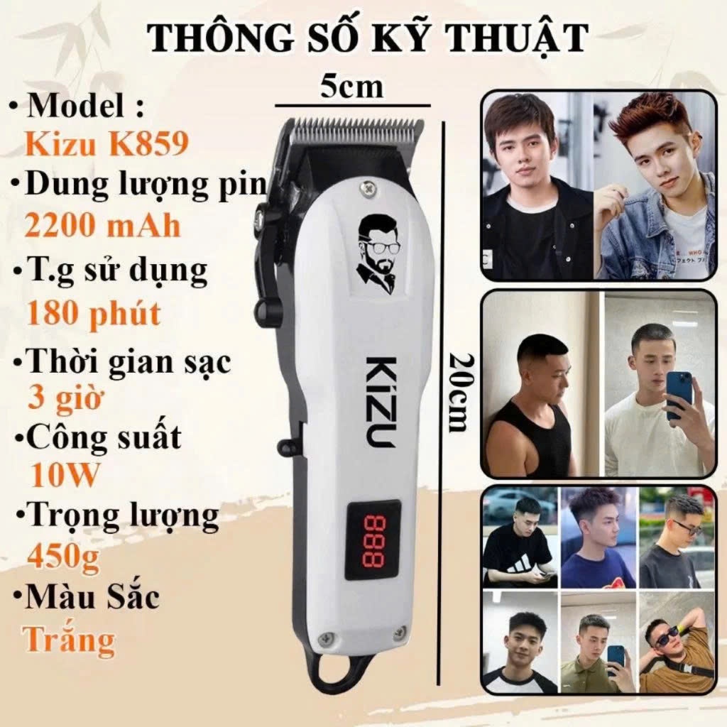 Tông Đơ Cắt Tóc Kizu K859 Chính Hãng, Tăng Đơ Cắt Tóc Nam Cao Cấp, Lưỡi Sắc, Màn Hình LED
