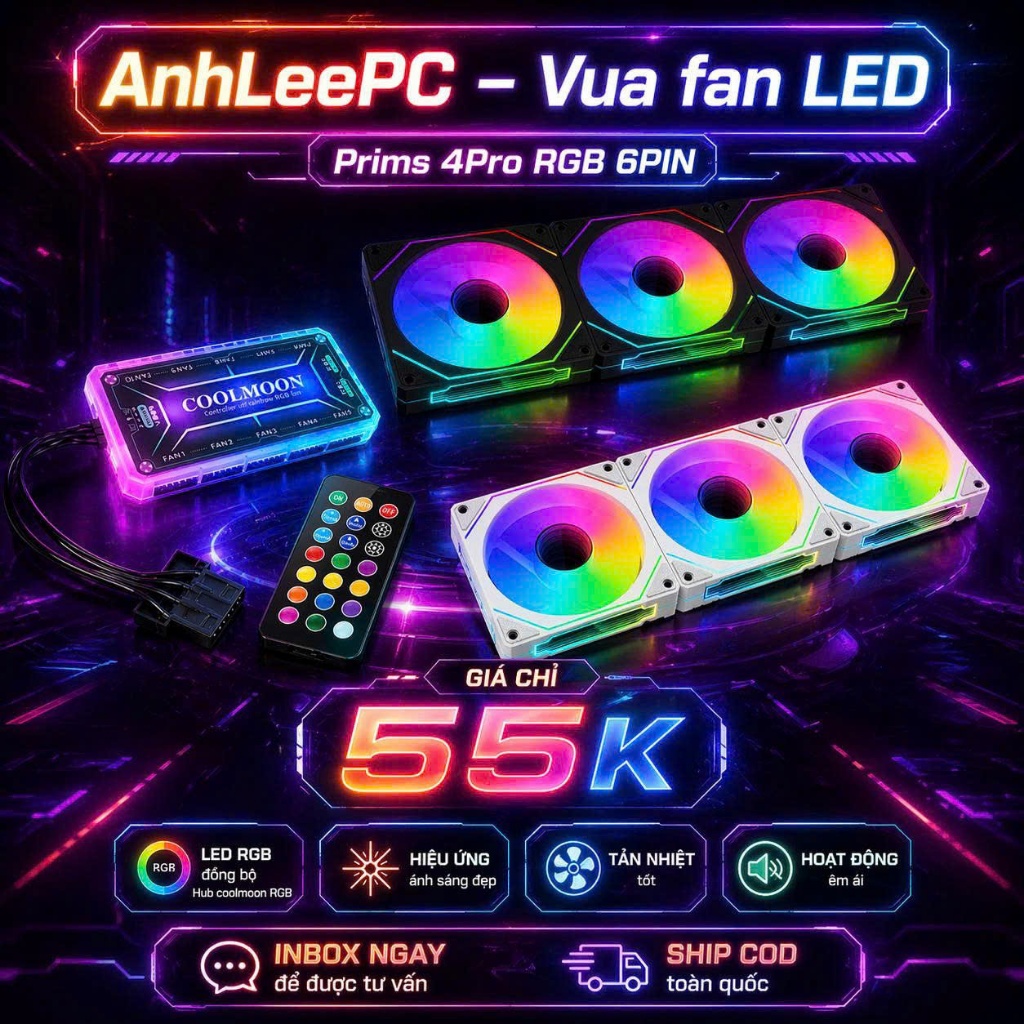 Prims 4pro 6pin cắm Hub Coolmoon – Fan RGB gương led vô cực đồng bộ Hub Remote cực đẹp