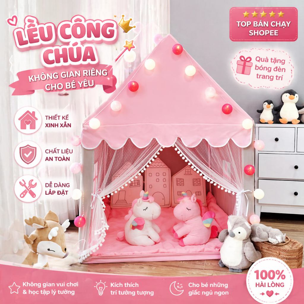 Lều Chơi Cho Bé Với Thiết Kế Xinh Xắn, An Toàn Và Dễ Dàng Lắp Đặt -Tặng Đèn Trang Trí